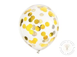 Balony transparentne z konfetti złote kółka 30cm 6 sztuk