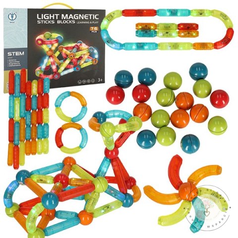 Klocki magnetyczne LED magnetic sticks duże patyczki świecące dla małych dzieci 76 elementów