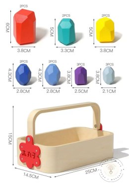 DREWNIANE KLOCKI KAMIENIE BALANSUJĄCE MONTESSORI BALANS W KOSZYKU NAKLEJKI