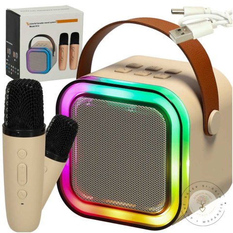 Zestaw do karaoke 2 mikrofony + głośnik przenośny BLUETOOTH USB LED beżowy