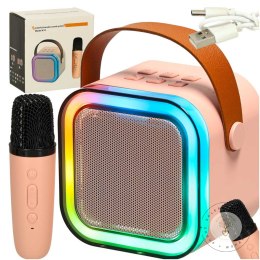 Zestaw do karaoke mikrofon + głośnik przenośny BLUETOOTH USB LED różowy